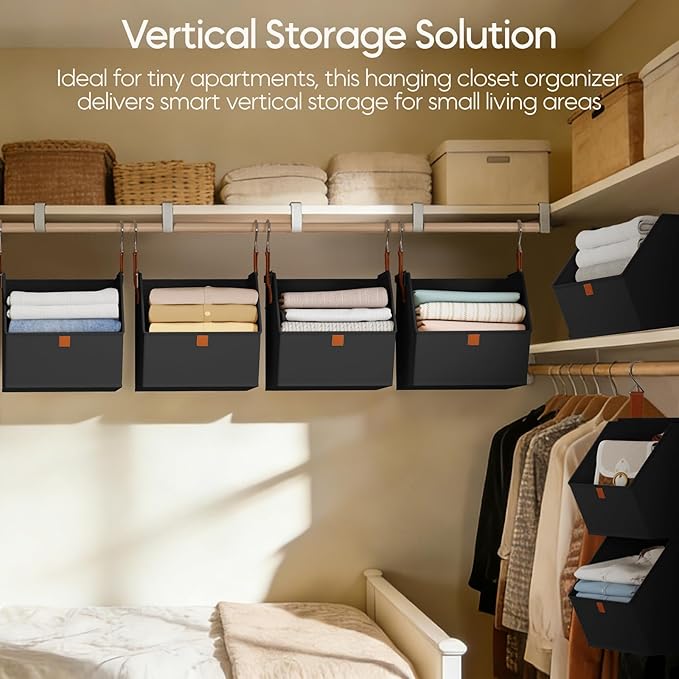 Homsorout Collapsible Hanging Closet Organizer - 3 Tier Closet Shelves Storage System with Hooks, Fabric Hanging Storage Bins for Clothes, Foldable Storage Basket for Laundry, Bedroom, Rv, Black