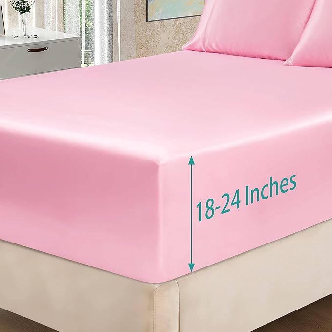 Homiest 4pcs Extra Deep Pocket Satin Sheets Queen Size Bed Set, 18-24 Inch Deep Pocket Bed Sheets Pink Satin Sheet Set, Silky Satin Bedding Set Luxury Fitted Sheet Set Fits Ultra Deep Mattress