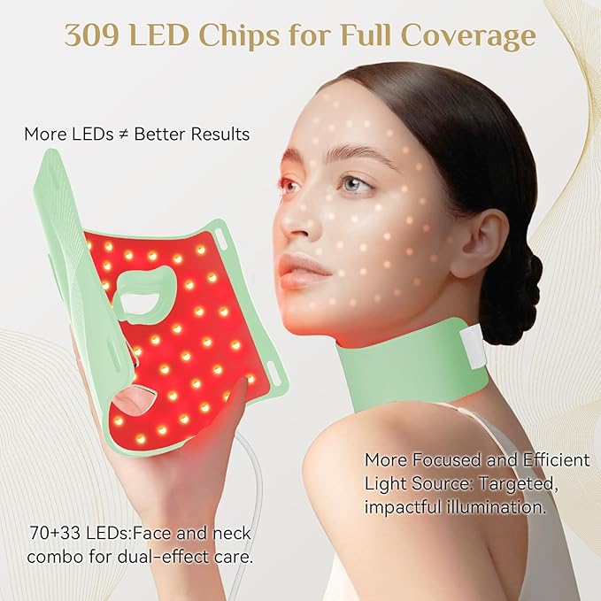 Red Light Therapy for Face, LED Light Therapy Mask Skin Care Mask & Neck, LED Red & NIR Light Therapy Wavelength for Home Use, Working Travel Yoga Sleep green