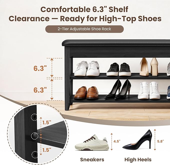 LBT Shoe Bench with Storage, Solid Rubberwood Shoe Storage Bench with Cushion, 2-Tier Shoe Rack for Entryway, Shoe Rack Bench with Deep Hidden Compartment and Stay-Open Hinge, 550lb Capacity Black