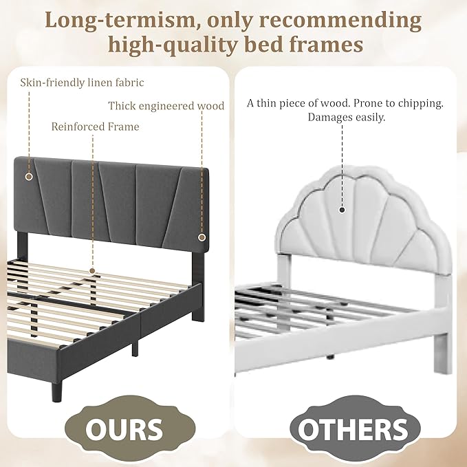 IDEALHOUSE Queen Size Upholstered Bed Frame with Headboard, Heavy Duty Platform Bed Frame, Adjustable Headboard, Noise-Free, No Box Spring Needed, Easy Assembly