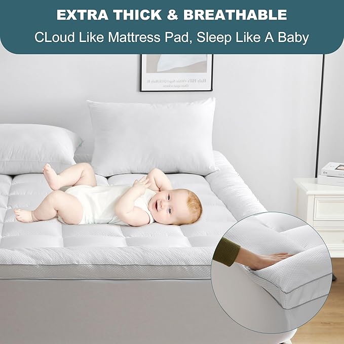 UNILIBRA Cal King Size Mattress Pad Pillow Top Mattress Cover Padded with Down Alternative Filling Cooling Quilted Fitted Mattress Protector Streches up 8-22" Deep Pocket Cooling Mattress Topper