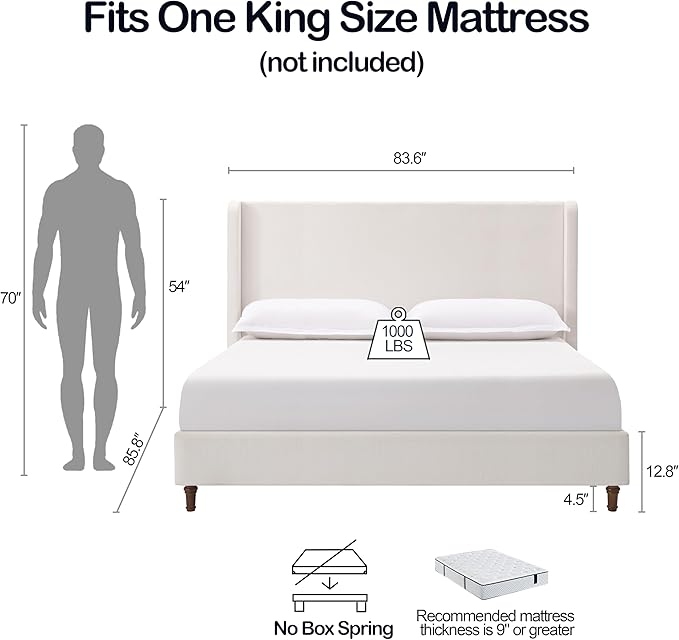 GDFStudio Tall Headboard Upholstered Bed,King Size Platform Bed Frame with Headboard Wingback,54" High No Box Spring Needed Easy Assembly Elegant Simplicity Cream White Chenille