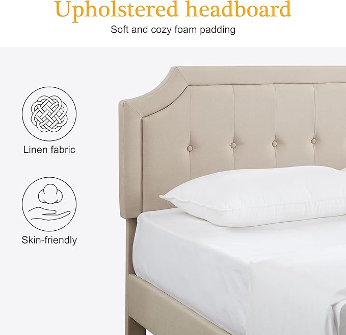 VECELO Full Size Platform Bed Frame with Fabric Upholstered Headboard and Wooden Slats Support, No Box Spring Needed/Easy Assembly,Light Beige