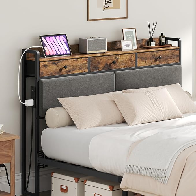 YATINEY Queen Size Headboard Only with Storage and Non-Woven Fabric Drawers, Head Board Queen Size with Charging Station, Height Adjustable, for Bedroom, Rustic Brown and Black