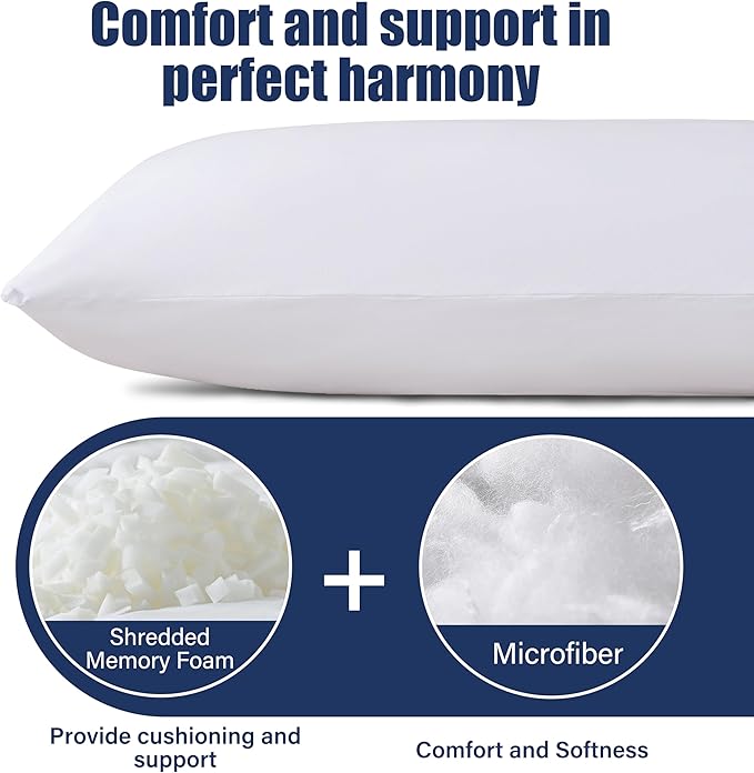SHOUREN Cotton Memory Foam Body Pillow Insert (2 Pack)- Cooling Breathable Full Body Pillow for Side Sleeper - Soft Long Bed Pillow for Adults - 20 x 54 inch-White
