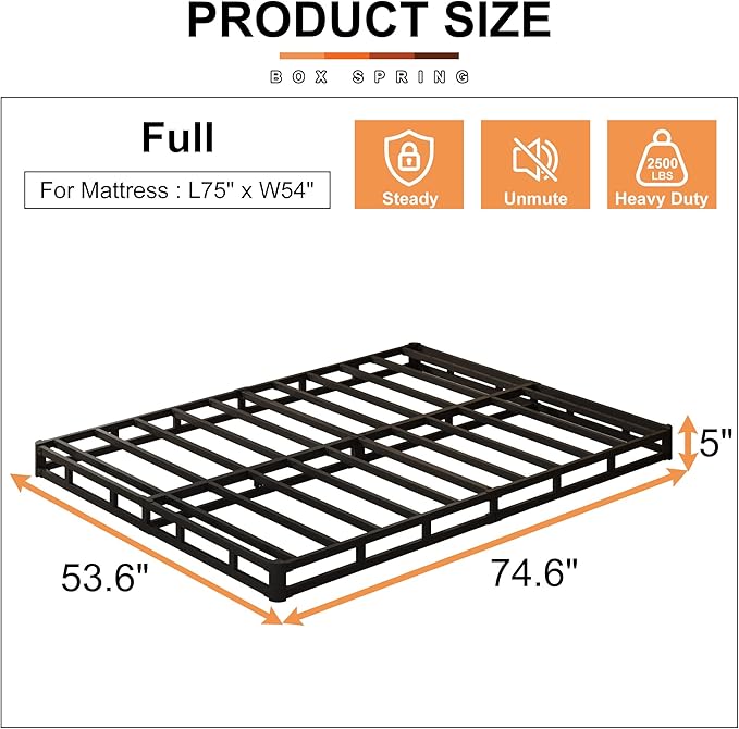 EMODA 5 Inch Box Spring Full Size Bed Base, 3000 LBS Heavy Duty Metal Mattress Foundation with Fabric Cover, Easy Assembly, Black
