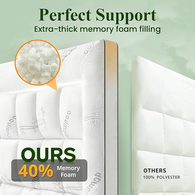 Memory Foam Mattress Topper - Viscose Made from Bamboo Pillow Top Thick Queen Size Mattress Pad for Back Pain, Ultra Soft & Cooling for Hot Sleepers, 6-18'' Deep Pocket, White