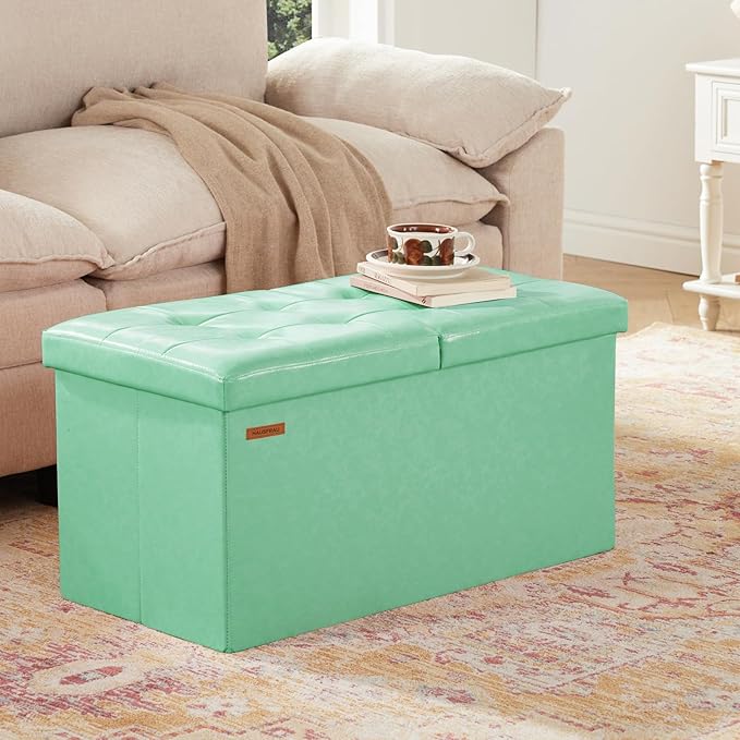 HAUSFRAU - 30 Inches Storage Ottoman Bench with Flipping Lid, Foldable Storage Chest Foot Rest for Living Room, Bedroom, Entryway, Load 660 lb, Synthetic Leather, Teal