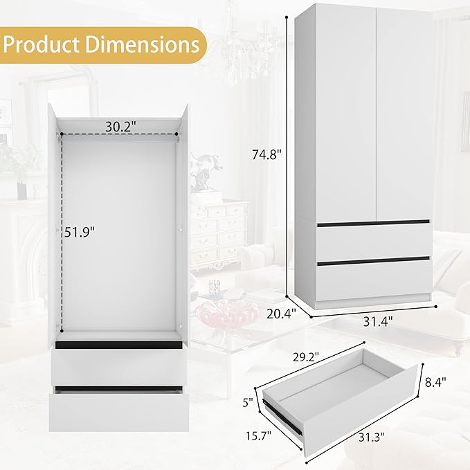 White Wardrobe Closet with Doors: 75" Large Capacity Bedroom Armoire, Wooden Cabinet with 4 Drawers, Hanging Storage Shelves with Hanging Rod (Contemporary, 2)