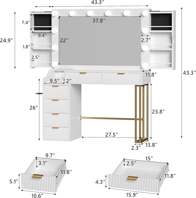 Feonase Vanity Desk, White 43'' Large Makeup Vanity Desk with Mirror and 12 Lights, 3 Color Modes, Glass Top Makeup Table with 6 Drawers and 2 Side Cabinets, Built in Charging Station