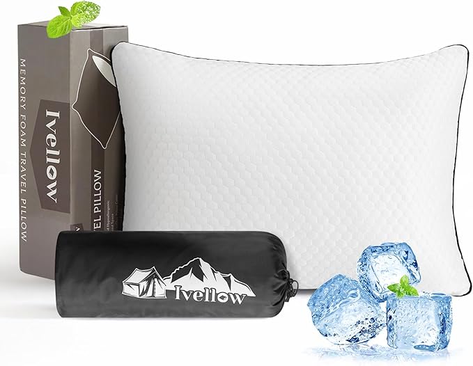 Ivellow Travel Pillow Camping Pillow for Sleeping Small Cooling Shredded Memory Foam Pillow Compressible Compact Medium Firm,Breathable Soft Cover,Outdoor Car Backpacking Hiking Essential Gear White M