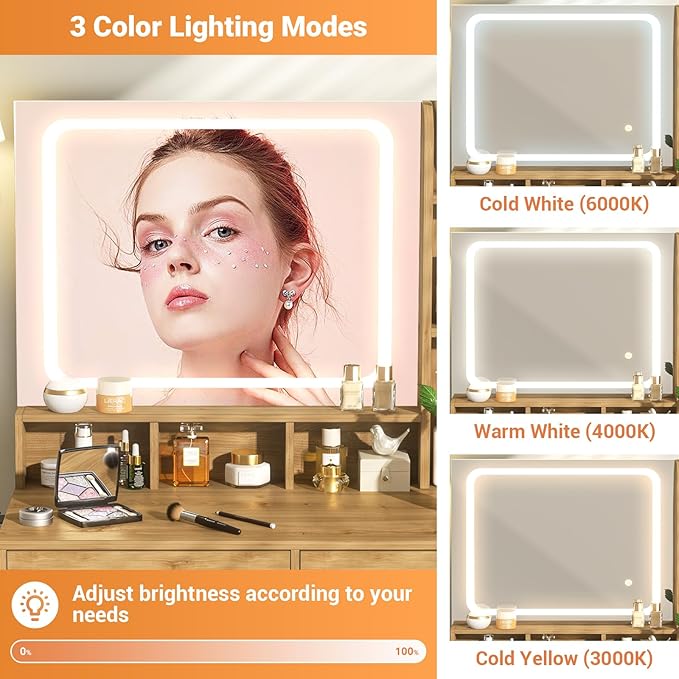 Small Vanity Desk, Vanity Desk with Mirror and Lights, Makeup Vanity Desks with Power Strip, Vanity Table with Drawers and Shelves, Adjustable Lighting, Dressing Table for Bedroom Room, Nature Oak