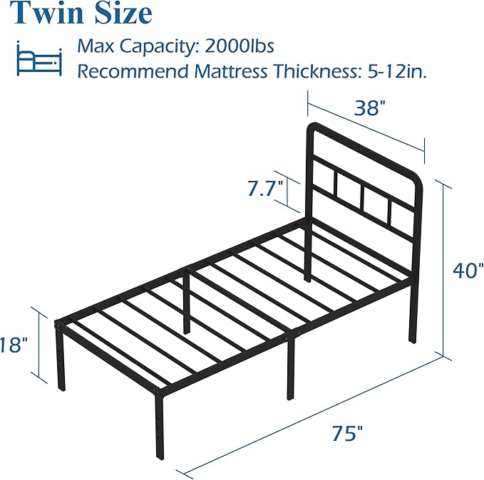 DiaOutro Twin Bed Frames with Headboard 18 Inch, Metal Platform No Box Spring Needed Heavy Duty Steel Slat Mattress Foundation/Easy Assembly/Noise Free/Black