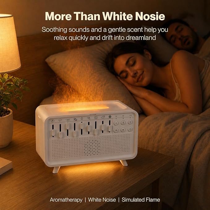 White Noise Machine with 8 Mixable Nature Sounds, Flame Light & Aroma Diffuser – Desktop Sound Machine for Sleep, Office, Yoga & Meditation, with Timer, Bluetooth & USB Power