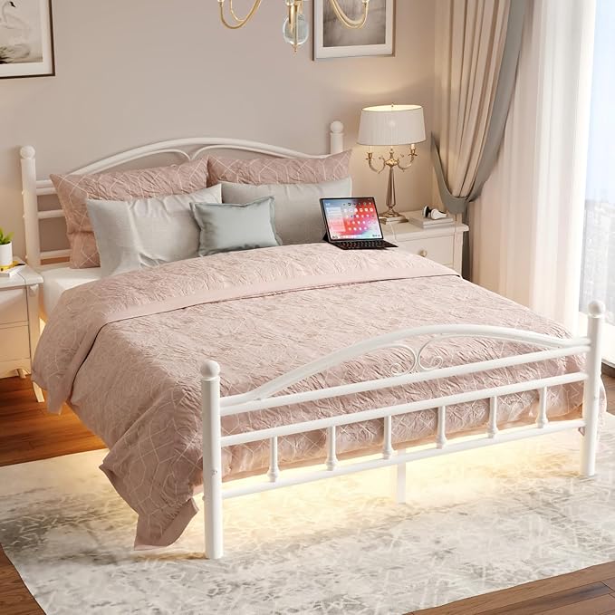 12 Inch Full Size Bed Frame with Charging Station,White Metal Platform Bed Frame with LED Lights,Heavy Duty Metal Steel Slats Support,No Box Spring Needed,Noise Free,Easy to Assemble