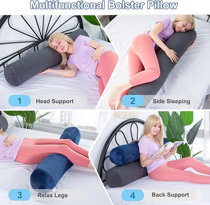 1 MIDDLE ONE Body Pillow, Bolster Pillow with Cooling Cover, Long Round Roll Cylinder Pillow for Bed, 35" x 7.87", Grey