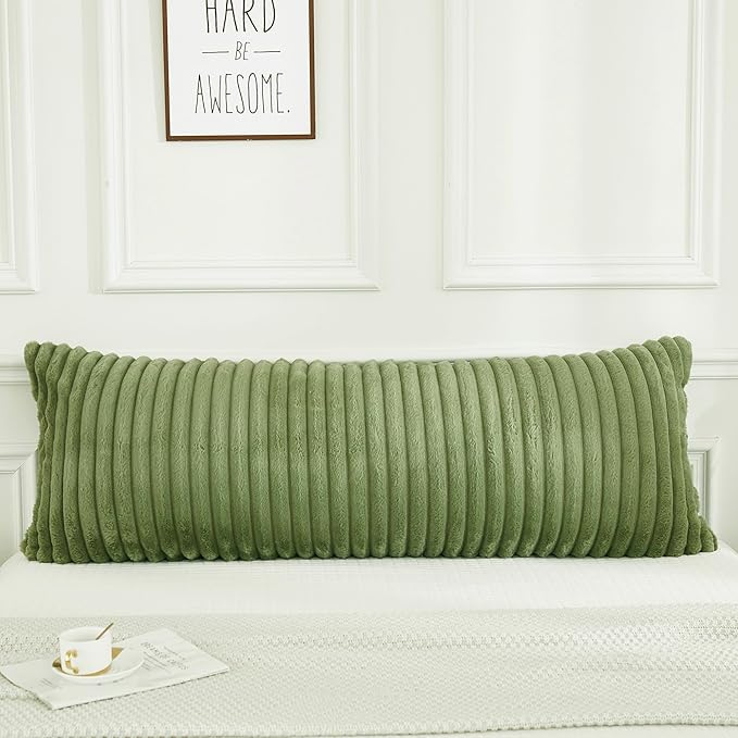 JAUXIO Faux Fur Fluffy Body Pillow Cover Luxury Textured Vertical Stripe Plush Decorative Body Pillowcase, Ultra Soft and Cozy Zipper Closure 21 x 54 Inches, Sage