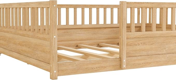 Bellemave Queen Floor Bed with high Fence, Solid Pine Wood Montessori Bed for Kids Girls Boys Floor Bed Frame, Natural with slats