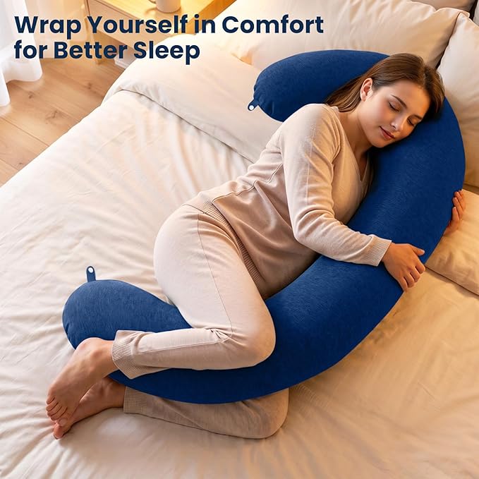 TranquilRelax C Shaped Body Pillow for Side Sleepers, Memory Foam Long Pillow for Leg, Hip & Back Support, Soft Washable Cover,Navy Blue-47"*10"