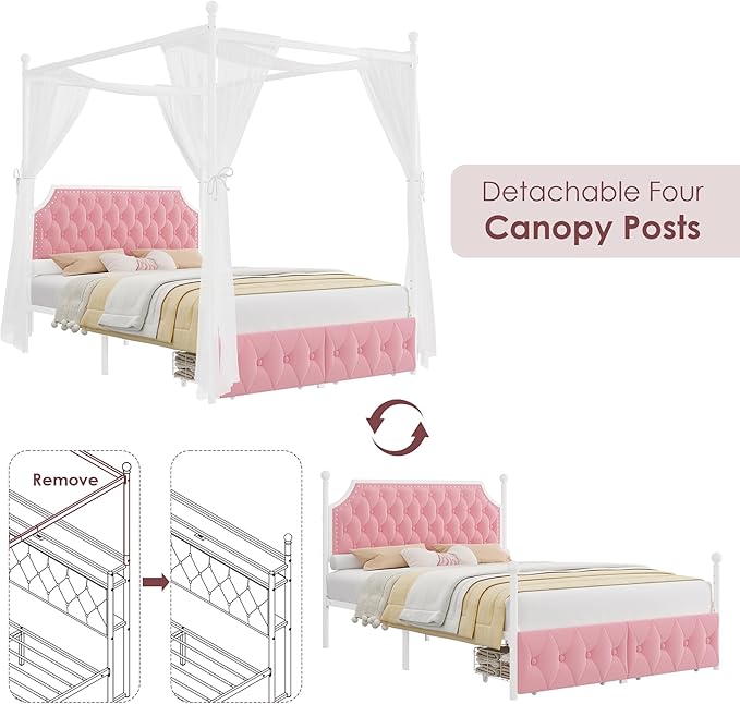 Keyluv Queen Upholstered Canopy Bed Frame with 2 Storage Drawers & Button Tufted Headboard, Metal Platform Bed with 4 Removable Posts, Two-Purpose Velvet Bed, Pink/Curtain Not Included