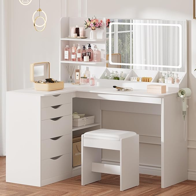 Furmax Vanity Desk with Mirror, L Shape Vanity, LED Lighted Mirror, with Power Outlet and 3 Storage Shelves, Makeup Table with 5 Drawers, 3 Color Modes, for Bedroom(White)