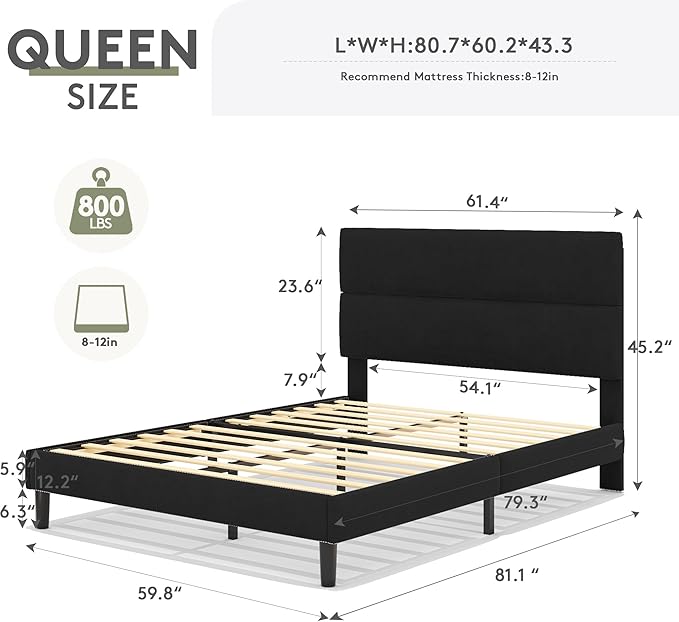 GRUSIGN Queen Size Platform Bed Frame with Velvet Headboard, Adjustable Height Wooden Slats Support, Upholstered Mattress Foundation, Fits Mattress or Mattress with Box Spring, Easy Assembly, Black
