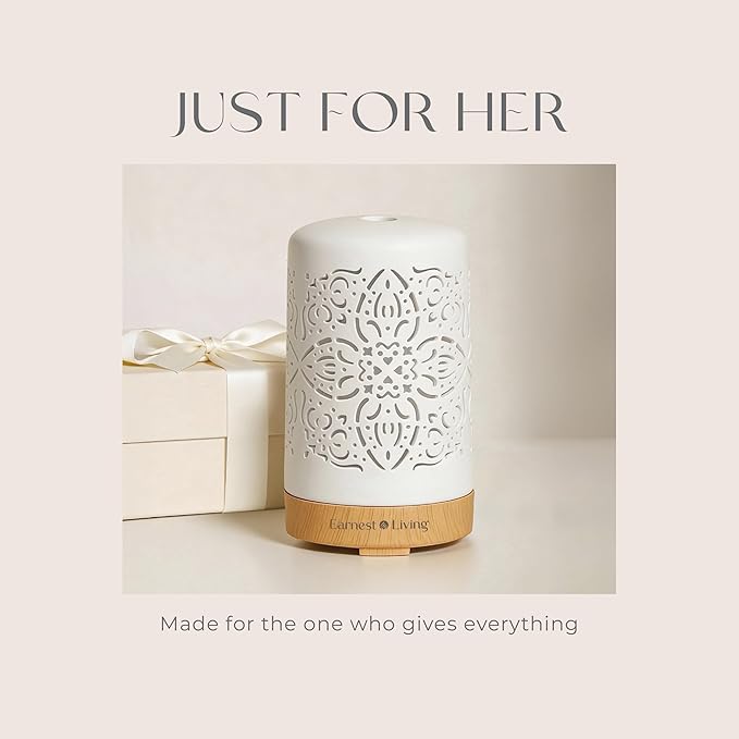 Earnest Living Essential Oil Diffuser White Ceramic Diffuser 100 ml Timers Night Lights and Auto Off Function Home Office Humidifier Aromatherapy Diffusers for Essential Oils