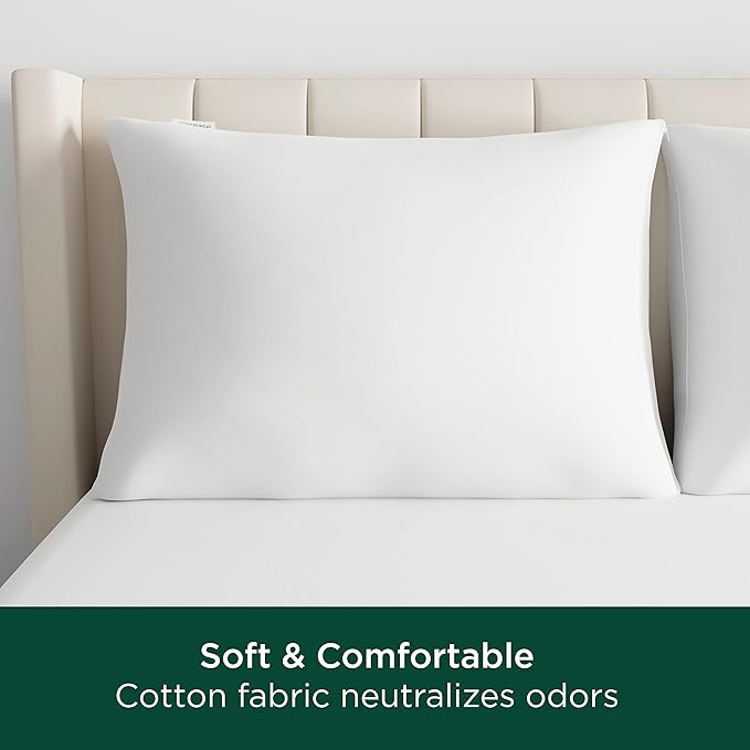 AllerEase Cotton Fresh Pillow Protector Partcle Barrier 100% Organically Grown Breathable Cotton Machine Washable Zippered Pillow Cover King Size, 2 Pack, White