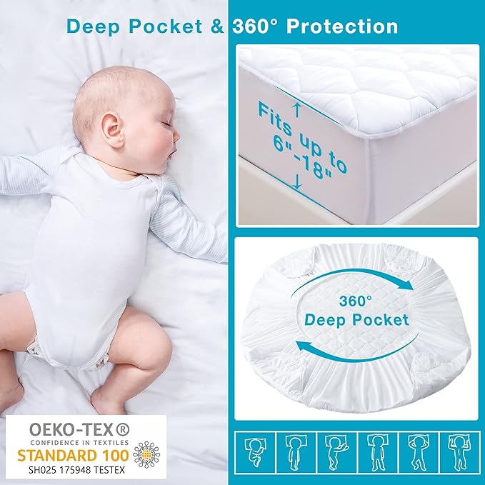Lunsing Soft King Waterproof Mattress Protector, Breathable King Size Mattress Pad Cover, 6-18 Inches Deep Pocket, White