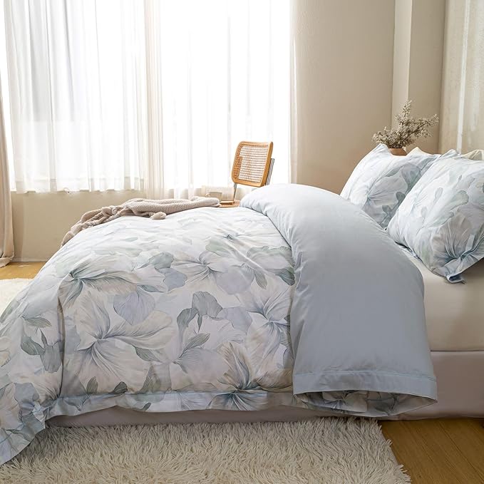 OAITE Duvet Cover Set Queen Size Floral Pattern Ultra Soft 100% Cotton Duvet Cover Sets 3-PC, Breathable Duvet Cover with Zipper Closure & Corner Ties(2 Pillow Shams,1 Duvet Cover)