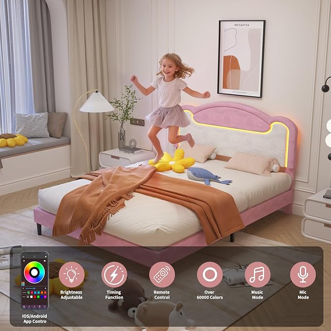 Garvee Full Size Upholstered Bed Frame with LED Lights & Fabric Headboard, Princess Platform Bed for Girls with Wood Slats, No Box Spring Needed (Pink White)