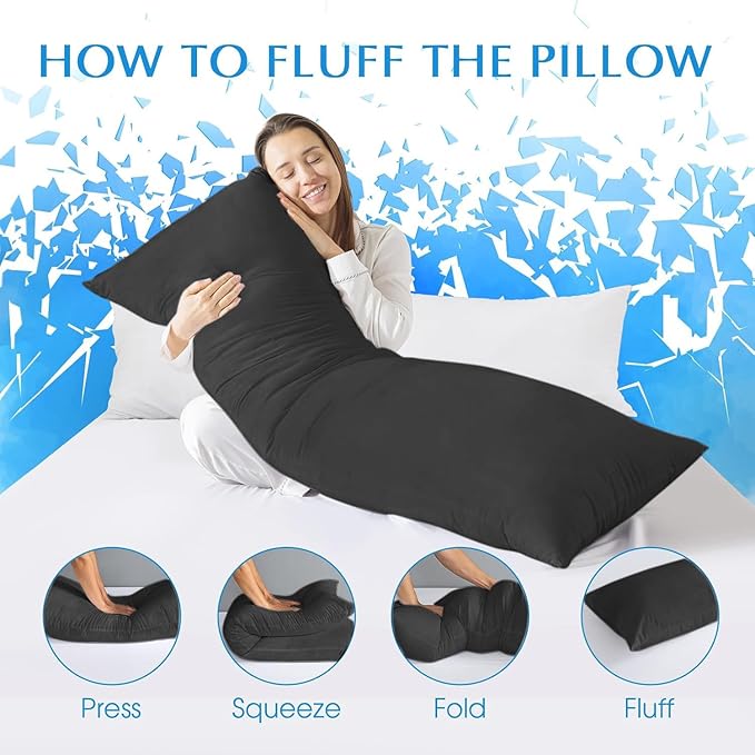 SHOUREN Cotton Memory Foam Body Pillow Insert (2 Pack)- Cooling Breathable Full Body Pillow for Side Sleeper - Soft Long Bed Pillow for Adults - 20 x 54 inch-Black