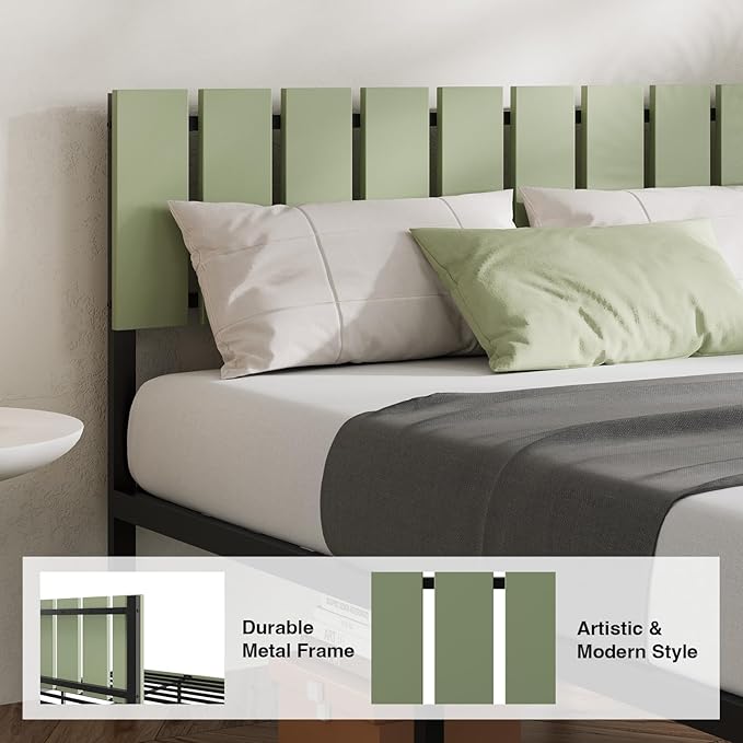 Novilla Queen Bed Frame with Modern Wooden Slatted Headboard, Easy Assembly, Heavy Duty Metal Platform, Noise-Free, Under-Bed Storage, No Box Spring Needed