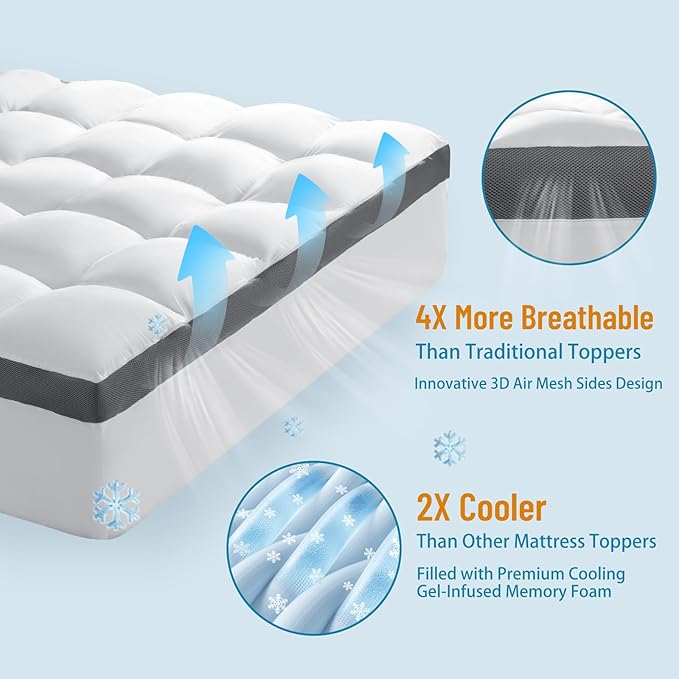 4 Inch Memory Foam Mattress Topper, Cooling Extra Thick 2000 GSM Pillow Top Mattress Pad for Back Pain Relief,Soft Breathable Mattress Cover for Fluffy Shredded Memory Foam Filled (Queen, 60"x80")