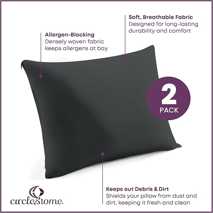 CirclesHome Pillow Protectors 2 Pack Standard Zippered - 100% Cotton Breathable Pillowcases - Protects Pillows from Dirt, Dust and Debris (Standard - Set of 2 - 20x26)