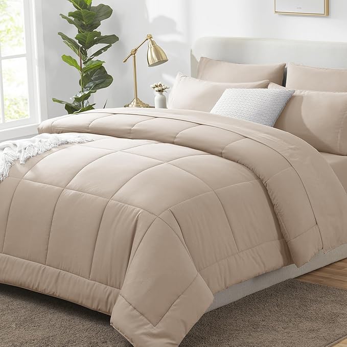 CozyLux Full Size Comforter Set Wheat, 7 Pieces Bed in a Bag, Wheat Comforter Full Size, All Season Bedding Sets with Stitch Quilted Comforter, Flat Sheet, Fitted Sheet, Pillowcases