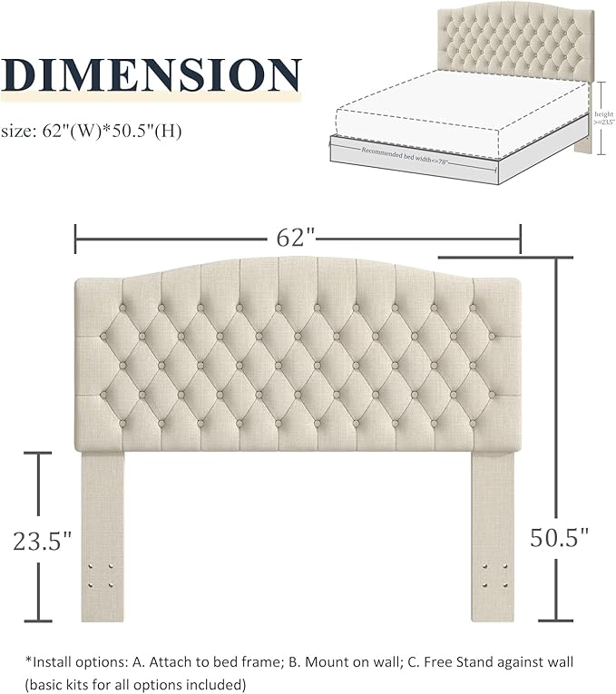 Befurtori Queen Headboard Only, Upholstered Headboard for Adjustable Bed Linen Tufted Queen/Full Size Wall Mounted Head Board with Solid Wood Legs Head Board, Ivory