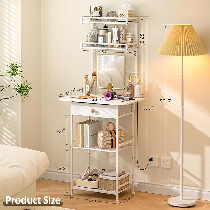 3IngSeagulls Small Vanity Desk Without Mirror, Makeup Vanity Table for Small Space, Compact White Dressing Table with Fabric Drawers, Makeup Vanity with Storage for Bedroom, White, 23.6in（W）