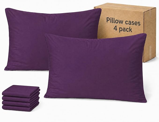 ZPECC Pillow Cases Standard Size Set of 4, 20x26 Envelope Closure Pillowcases, Soft Plain Brushed Microfiber Covers Hypoallergenic Breathable, Dark Purple