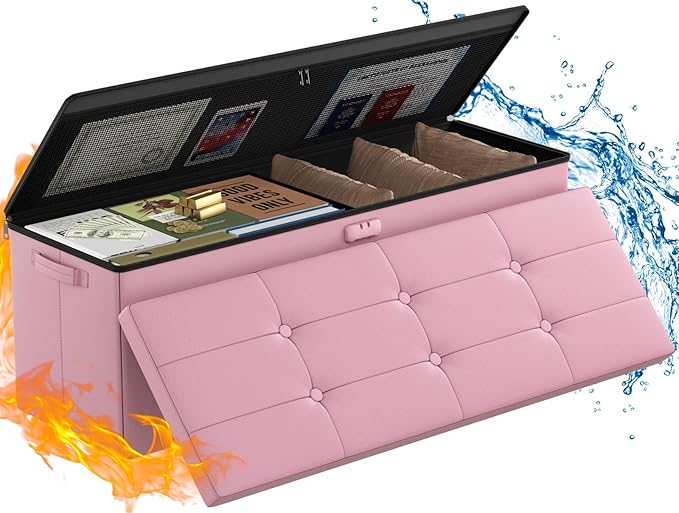 ENGPOW Storage Ottoman, Fireproof Folding Bench with Lock(15”x 43”x15”), Water-Resistant ＆ Heat Insulation Large Storage Chest with Handles＆2 Extra Spaces Safe for Living Room, Bedroom, Home, Pink