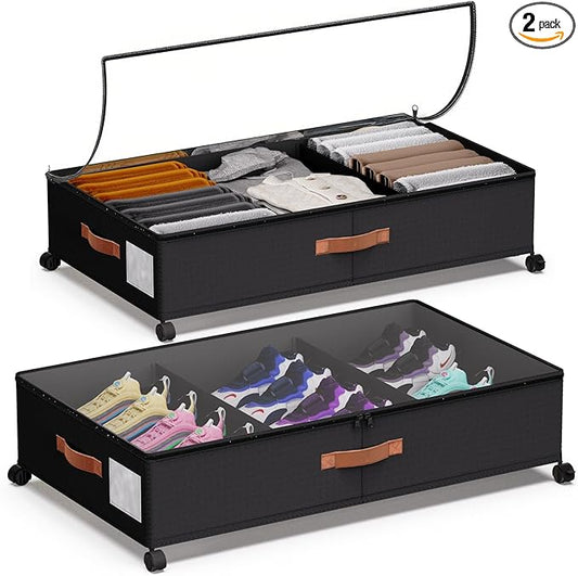 Under Bed Storage 2 Pack 66L, Rolling Containers with Wheels, Heavy Duty Metal Frame, 600D Oxford Fabric, Clear Lid, Adjustable Dividers for Clothes Shoes Blankets, Dorm Space Saving, Black