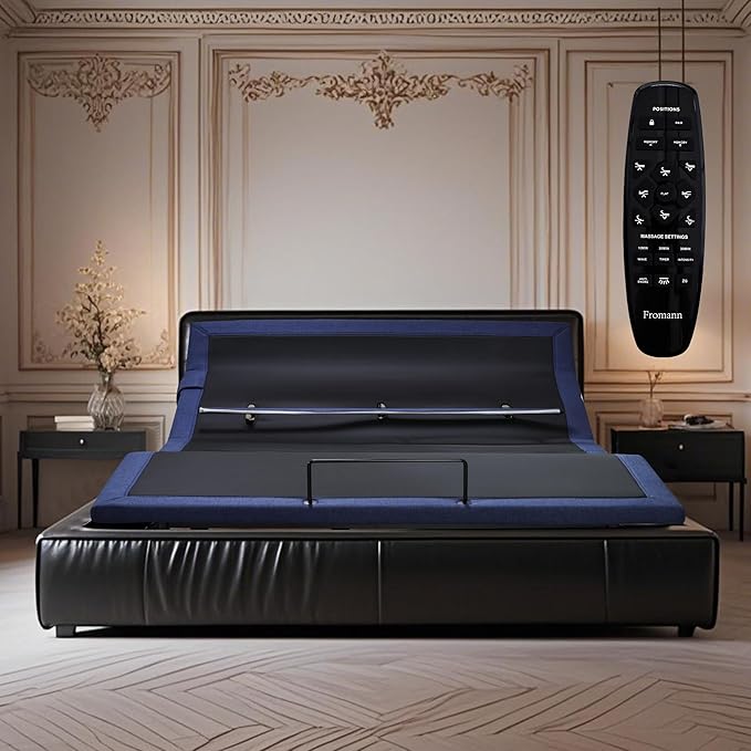 Fromann Adjustable Queen Bed Base Frame with Head and Foot Lift, Lumbar Support, Massage, Under-Bed Lights,Left Right USB+C, Memory Positions, Zero Gravity