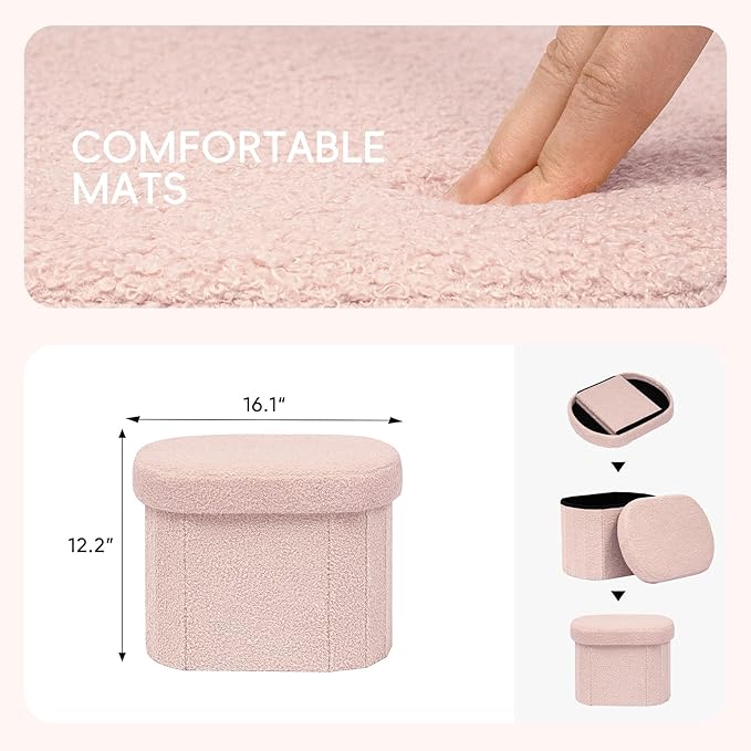PINPLUS Storage Ottoman Boulce Tufted Oval Small Ottomans for Living Room Foot Rest with Storage, Pink 16.1"x12.2"x12.2" (Pink)