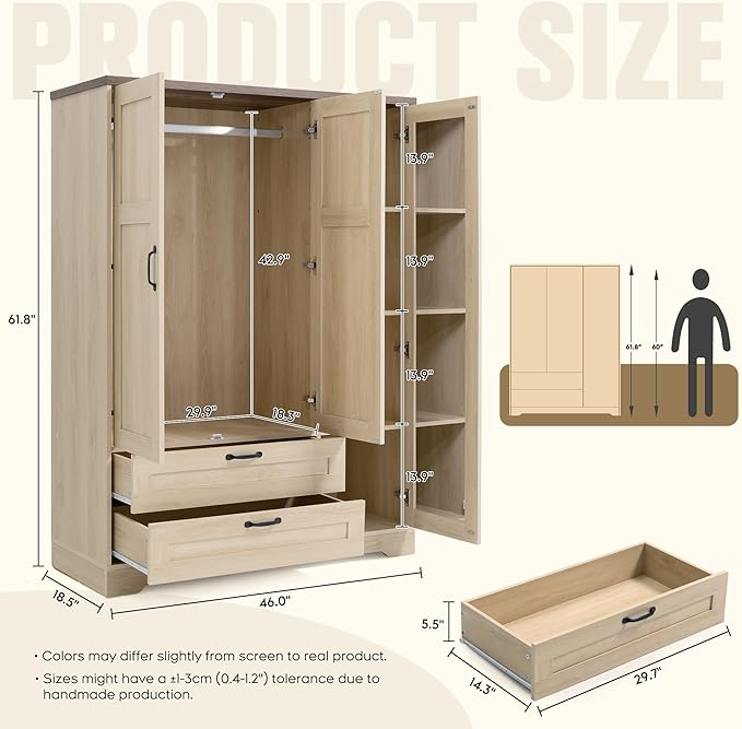 XIAO WEI Armoire Wardrobe Closet with 3 Door, Bedroom Wooden Armoires with Full Length Mirror, Large Clothing Storage Cabinet 2 Drawers, Hanging Rod (Natural, 3 Door)