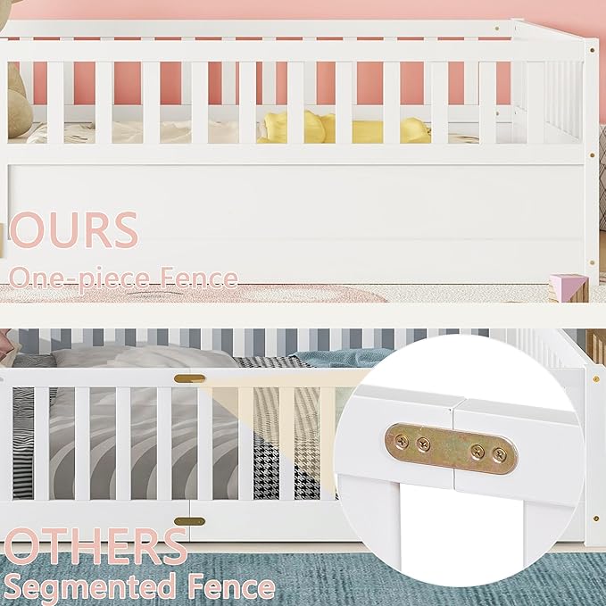 Full Floor Bed with Slats and High Fence, Full Size Montessori Floor Beds with Door, No Box Spring Needed, Easy Assemble Montessori Bed Frame(White Full)