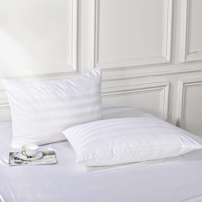 100% Egyptian Cotton Queen Pillow Protectors Set of 2, 400 Thread Count Sateen Weave Cooling Pillowcase, Easy Care Zippered Style Pillow Covers (Stripe-White, Queen)