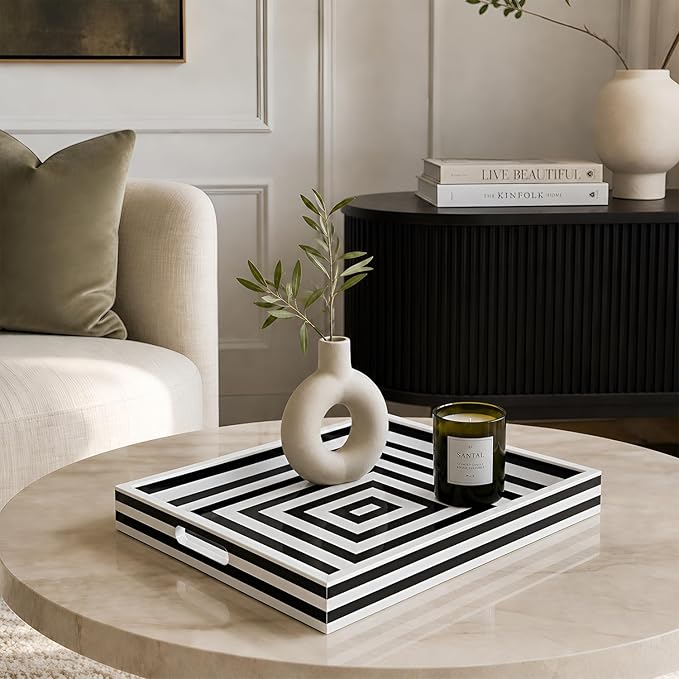 Handicrafts Home 12x12 Decorative Tray for Coffee Table, Centerpiece & Vanity, Black and White Resin Inlay Concentric Pattern Inspired Tray, Square Ottoman Tray for Home Decor, Perfume Organizer