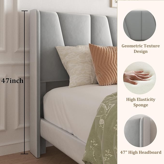 Full Bed Frame with Storage Drawers, Velvet Upholstered Platform Bed with 47" Tall Headboard and Wingboard, No Box Spring Needed, Noise Free, Easy Assembly, Wooden Support Slats, Light Grey