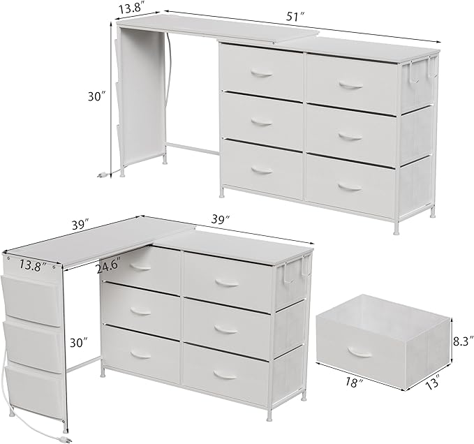 Simoretus Modern Corner Vanity Desk with 6 Fabric Drawers Power Outlet Side Pocket L Shaped Drawers Makeup Desk Dressing Table for Girls Women Bedroom (White)